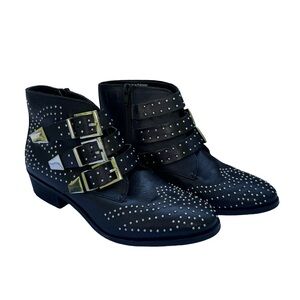 Aldo Black Studded Triple-Buckle Ankle Boots